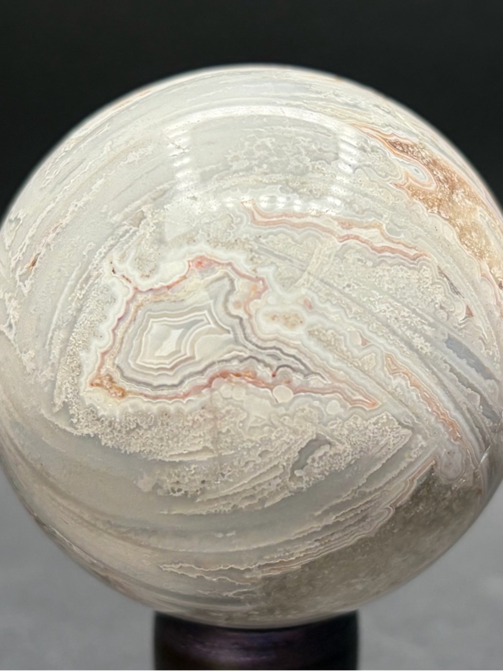 Polished White Mexican Agate Sphere with Crystalline Geode - Picture 2 of 4